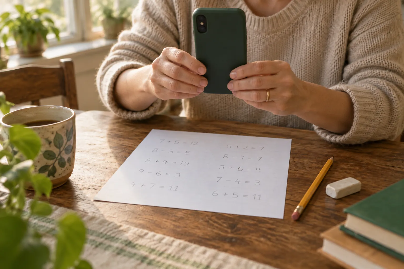 Hands holding a phone upright over a finished worksheet to photograph it